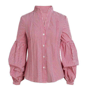 Fashion V-Neck Puff Sleeve Plaid Shirt