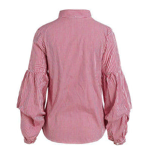 Fashion V-Neck Puff Sleeve Plaid Shirt