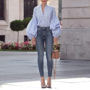 Fashion V-Neck Puff Sleeve Plaid Shirt