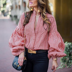 Fashion V-Neck Puff Sleeve Plaid Shirt