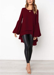 Pure Color Slim Hubble Bubble Sleeve Irregular Hem Blouse