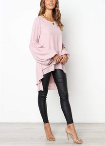 Pure Color Slim Hubble Bubble Sleeve Irregular Hem Blouse