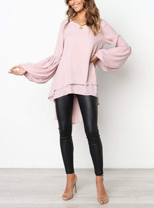 Pure Color Slim Hubble Bubble Sleeve Irregular Hem Blouse