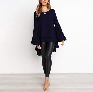 Pure Color Slim Hubble Bubble Sleeve Irregular Hem Blouse