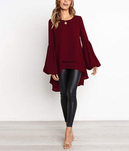 Pure Color Slim Hubble Bubble Sleeve Irregular Hem Blouse