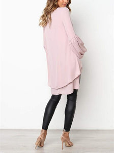 Pure Color Slim Hubble Bubble Sleeve Irregular Hem Blouse