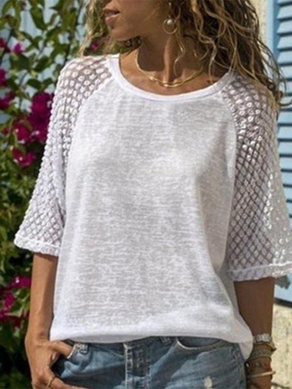 Lace Stitching Round Neck Cropped T-Shirt