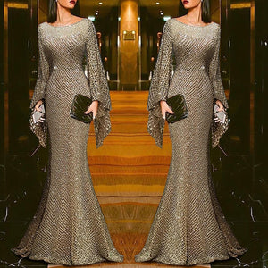 Elegant Silver Trumpet Sleeve Sexy Fishtail Evening Dress