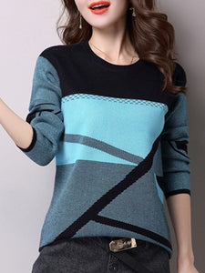 Round Neck  Patchwork  Color Block Knit Pullover