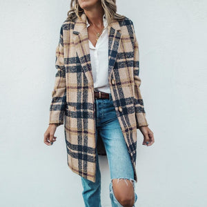 Vintage Lapel Collar Check Button Loose Woolen Long Coat