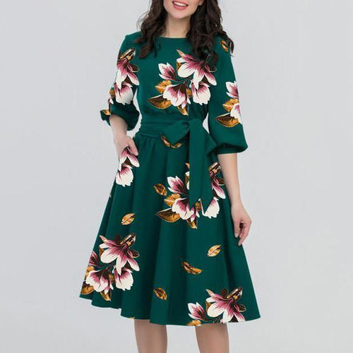 Round Neck  Belt  Floral Printed Skater Dress