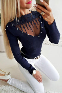 Crew Neck  Beading See Through  Plain T-Shirts