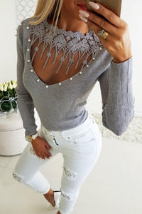 Crew Neck  Beading See Through  Plain T-Shirts