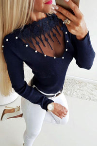 Crew Neck  Beading See Through  Plain T-Shirts