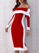 Load image into Gallery viewer, Open Shoulder  Patchwork Slit  Color Block Colouring Bodycon Dress