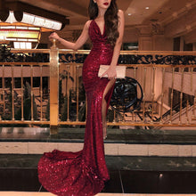 Load image into Gallery viewer, V-Neck Red Sparkling Evening Dress