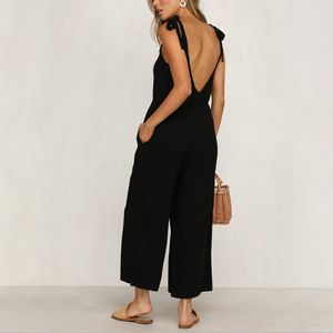 Casual Pure Colour Sleeveless Belted Loose Jumpsuits