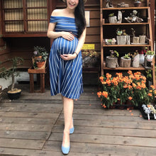 Load image into Gallery viewer, Maternity Stripe Off Shoulder Knee-Length Dress