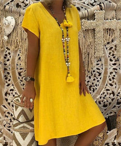 Solid Color Short Sleeved V Neck Dress