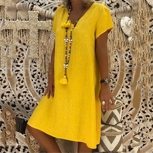 Solid Color Short Sleeved V Neck Dress