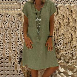 Solid Color Short Sleeved V Neck Dress