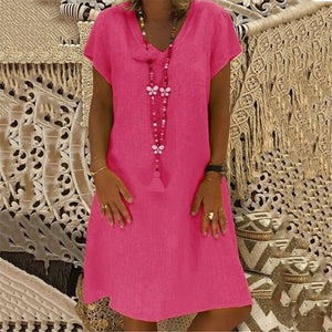 Solid Color Short Sleeved V Neck Dress