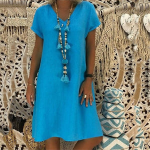 Solid Color Short Sleeved V Neck Dress