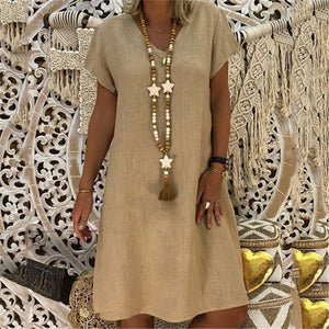 Solid Color Short Sleeved V Neck Dress