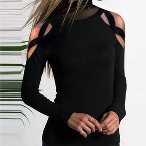 Turtle Neck Mesh Patchwork Hollow Out Long Sleeve T-Shirts