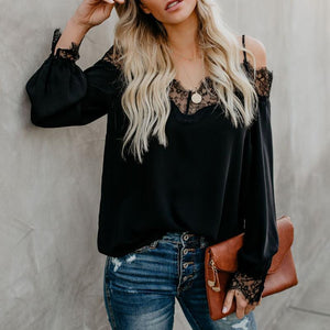 Spaghetti Straps Lace Patchwork Long Sleeve Blouses