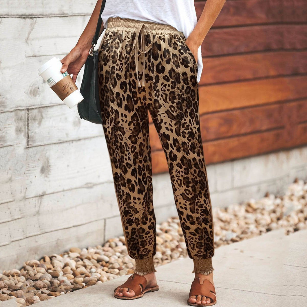 Casual Leopard Print Elastic Drawstring Waist Sport Pants