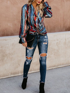 Fashion V Neck Loose Striped Sequins Shirt