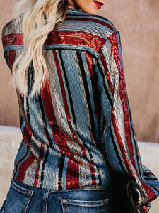 Fashion V Neck Loose Striped Sequins Shirt