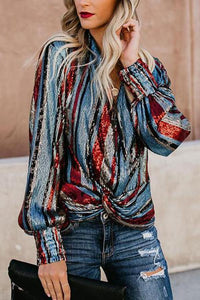 Fashion V Neck Loose Striped Sequins Shirt