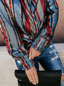 Fashion V Neck Loose Striped Sequins Shirt