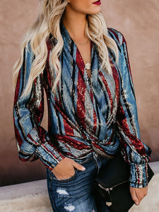 Fashion V Neck Loose Striped Sequins Shirt