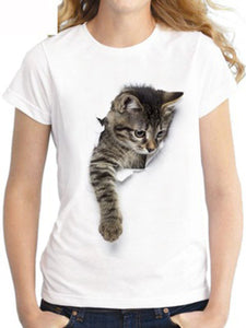 Round Neck Loose Cat Print Short Sleeve T-Shirt