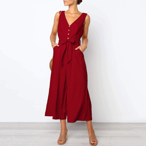 Elegant V Collar Sleeveless Plain Jumpsuit With Waistband