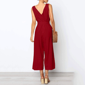 Elegant V Collar Sleeveless Plain Jumpsuit With Waistband