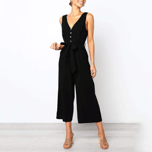 Elegant V Collar Sleeveless Plain Jumpsuit With Waistband