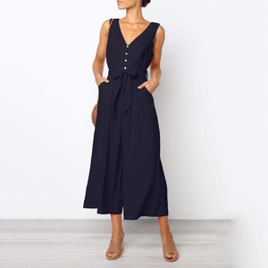 Elegant V Collar Sleeveless Plain Jumpsuit With Waistband