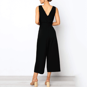 Elegant V Collar Sleeveless Plain Jumpsuit With Waistband