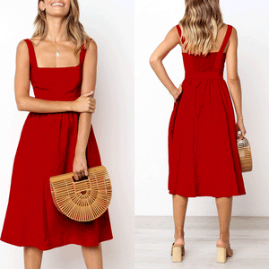 Sexy Casual Sling Sleeveless Solid Slim Midi Skater Dress