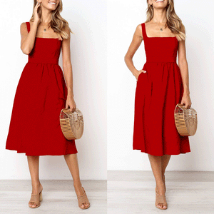 Sexy Casual Sling Sleeveless Solid Slim Midi Skater Dress