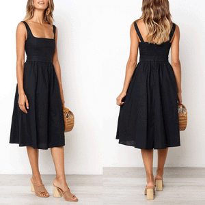 Sexy Casual Sling Sleeveless Solid Slim Midi Skater Dress