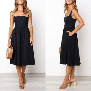 Sexy Casual Sling Sleeveless Solid Slim Midi Skater Dress