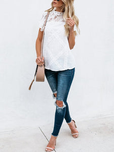 Fashion Lace Hollow Out Splicing Short Sleeve T-Shirt