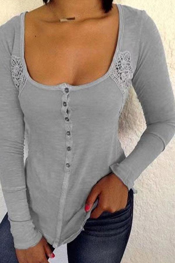 Deep U Neck Long Sleeve Lace Patchwork Button T-Shirts