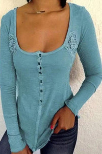 Deep U Neck Long Sleeve Lace Patchwork Button T-Shirts
