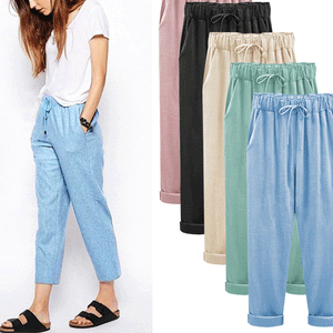 Casual Plain Elastic Waist Flax Harem Pants